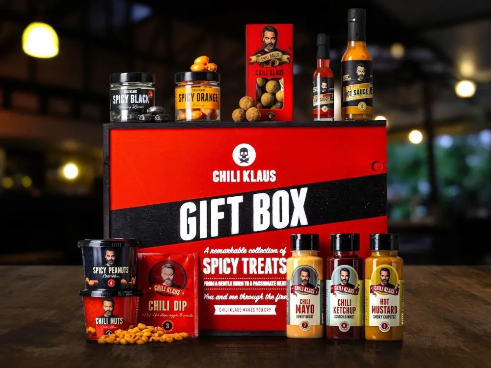 Presentbox med kryddor och såser, samtliga med chilli